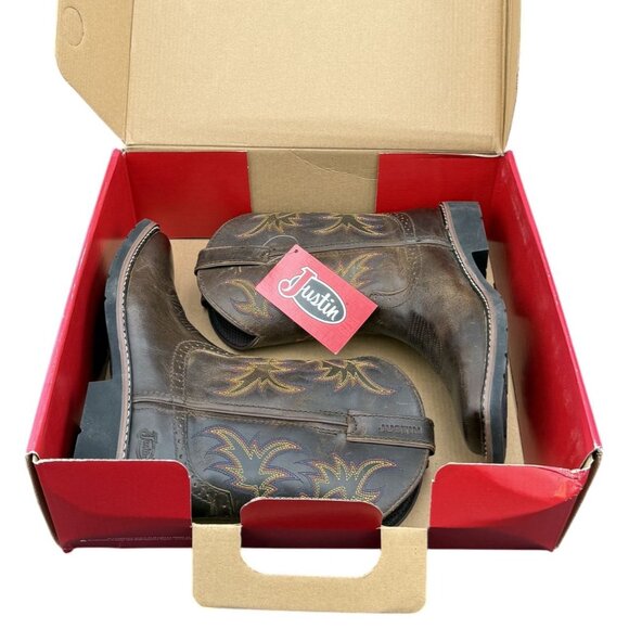 Justin Western Boots Kids Rugged Tan Buffalo 4.5D Embroidered Square Toe SK4681 - Picture 15 of 15